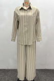 Khaki Casual Stripe Buckle Shirt Collar Long Sleeve Two Pieces