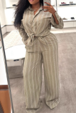 Khaki Casual Stripe Buckle Shirt Collar Long Sleeve Two Pieces