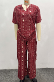 Red Casual Print Draw String V Neck Short Sleeve Two Pieces