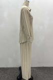 Khaki Casual Stripe Buckle Shirt Collar Long Sleeve Two Pieces
