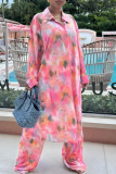 Pink Casual Print Buckle Turndown Collar Long Sleeve Two Pieces