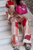 Red Casual Print Buckle Turndown Collar Long Sleeve Two Pieces