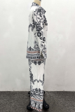 White Black Casual Print Buckle Turndown Collar Long Sleeve Two Pieces