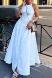 White Elegant Solid Color Buckle O Neck Long Dresses