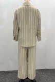 Khaki Casual Stripe Buckle Shirt Collar Long Sleeve Two Pieces