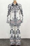 White Black Casual Print Buckle Turndown Collar Long Sleeve Two Pieces