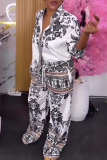 White Black Casual Print Buckle Turndown Collar Long Sleeve Two Pieces