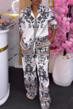 White Black Casual Print Buckle Turndown Collar Long Sleeve Two Pieces
