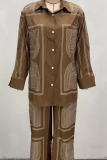 Green Casual Stripe Buckle Shirt Collar Long Sleeve Two Pieces