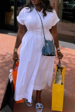 White Casual Solid Color Buckle Turndown Collar Long Dresses