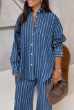 Blue Casual Stripe Buckle Turndown Collar Long Sleeve Two Pieces