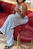 Blue Sexy Stripe Backless Halter Loose Jumpsuits