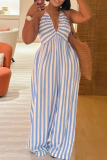 Blue Sexy Stripe Backless Halter Loose Jumpsuits