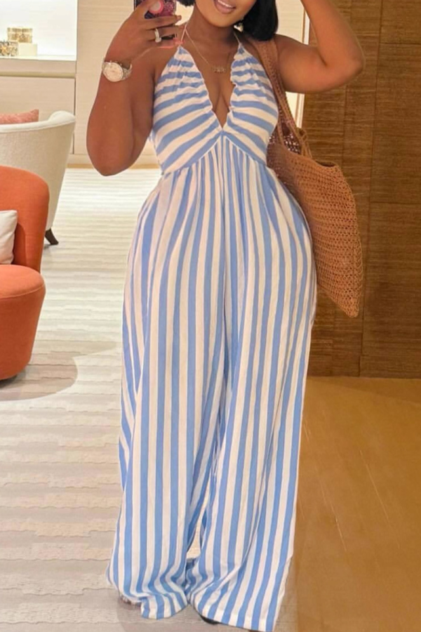 Blue Sexy Stripe Backless Halter Loose Jumpsuits