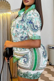 Green Casual Print Buckle Shirt Collar Short Sleeve Two Pieces