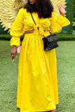 Yellow Casual Solid Color Patchwork Turndown Collar Long Sleeve Two Pieces
