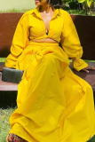 Yellow Casual Solid Color Patchwork Turndown Collar Long Sleeve Two Pieces