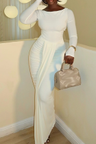 White Elegant Solid Color Ruched O Neck Long Dresses