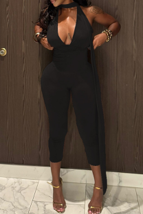 Black Sexy Solid Color Patchwork V Neck Skinny Jumpsuits