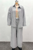 Black Casual Stripe Buckle Turndown Collar Long Sleeve Two Pieces