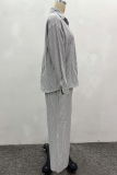 Black Casual Stripe Buckle Turndown Collar Long Sleeve Two Pieces