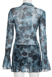 Black Sexy Print Ruched V Neck Wrapped Skirt Dresses