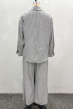 Black Casual Stripe Buckle Turndown Collar Long Sleeve Two Pieces