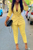 Yellow Casual Solid Color Patchwork Turn-back Collar Long Sleeve Two Pieces