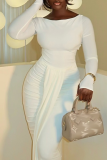 White Elegant Solid Color Ruched O Neck Long Dresses