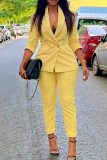 Yellow Casual Solid Color Patchwork Turn-back Collar Long Sleeve Two Pieces