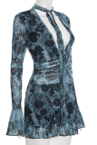 Black Sexy Print Ruched V Neck Wrapped Skirt Dresses