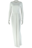 White Elegant Solid Color Ruched O Neck Long Dresses