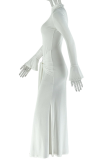 White Elegant Solid Color Strap Design O Neck Long Dresses