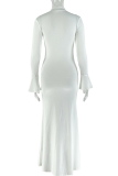 White Elegant Solid Color Strap Design O Neck Long Dresses