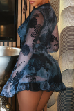 Black Sexy Print Ruched V Neck Wrapped Skirt Dresses