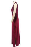 Coffee Elegant Solid Color Slit Mandarin Collar Long Dresses