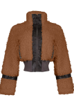 White Casual Solid Color Contrast Zipper Collar Outerwear