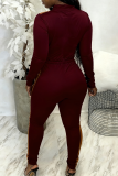 Burgundy Casual Contrast Zipper Collar Long Sleeve Two Pieces