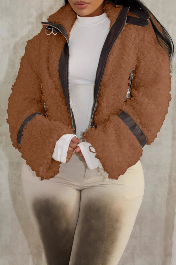 Light Brown Casual Solid Color Contrast Zipper Collar Outerwear