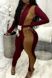 Burgundy Casual Contrast Zipper Collar Long Sleeve Two Pieces