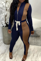 Tibetan Blue Casual Contrast Zipper Collar Long Sleeve Two Pieces