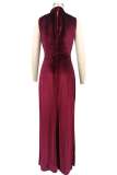 Coffee Elegant Solid Color Slit Mandarin Collar Long Dresses