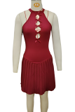 Deep Red Sexy Solid Color Hollow Out Pleated O Neck Wrapped Skirt Dresses