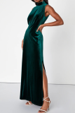 Coffee Elegant Solid Color Slit Mandarin Collar Long Dresses