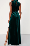Coffee Elegant Solid Color Slit Mandarin Collar Long Dresses