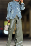Blue Casual Solid Color Buckle Mandarin Collar Long Sleeve Denim Jacket