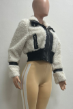 White Casual Solid Color Contrast Zipper Collar Outerwear