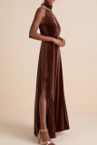 Coffee Elegant Solid Color Slit Mandarin Collar Long Dresses