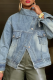Blue Casual Solid Color Buckle Mandarin Collar Long Sleeve Denim Jacket