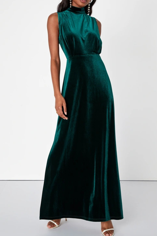 Green Elegant Solid Color Slit Mandarin Collar Long Dresses